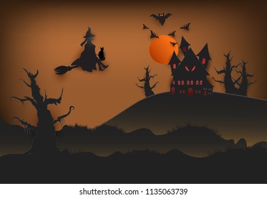 Paper art of witch with cat in dark forest and bat Halloween background, paper cut style illustration