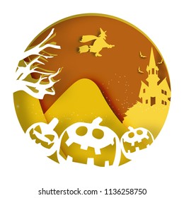 Paper art of witch flying above an old castle, Halloween and holiday celebration, vector