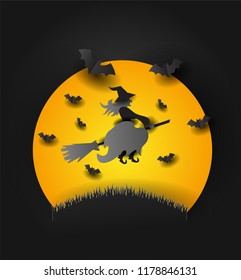 Paper art of witch flying above an old castle, Halloween and holiday celebration, vector art and illustration.