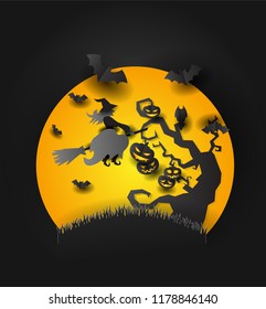 Paper art of witch flying above an old castle, Halloween and holiday celebration, vector art and illustration.