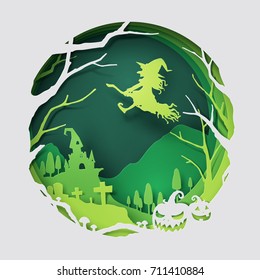 Paper art of witch flying above an old castle, Halloween and holiday celebration, vector art and illustration.