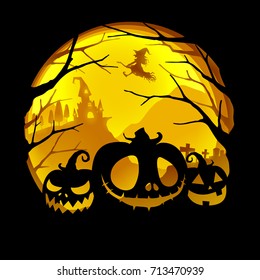 Paper art of witch flying above an old castle, Halloween and holiday celebration, vector art and illustration.