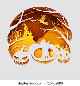 Paper art of witch flying above an old castle, Halloween and holiday celebration, vector art and illustration.