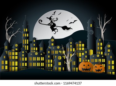 paper art work design,Halloween concept,dark city and the witch riding broomstick on the sky with the moon.