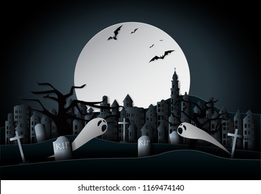 paper art work design,Halloween concept,graveyard and dark city on the night with ghost and the moon.