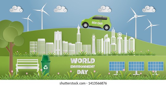 Paper art of World environment day with  skyscraper, solar cell, wind turbine fields, recycling bins, tree and eco car. GO GREEN SAVE THE WORLD concept