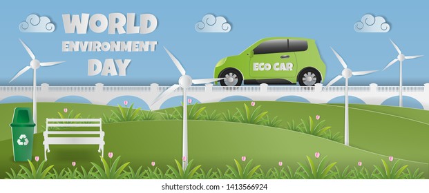 Paper art of world environment day with  wind turbine fields, recycling bins and eco car. GO GREEN SAVE THE WORLD concept