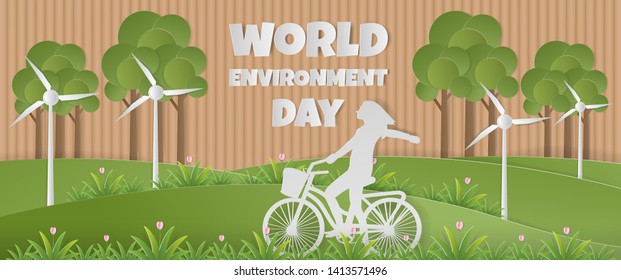Paper art of World environment day with wind turbine fields and forest . GO GREEN SAVE THE WORLD concept