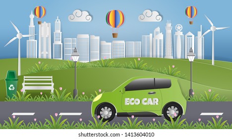 Paper art of World environment day concept with  skyscraper, wind turbine fields, recycling bins, colorful balloon and eco car. GO GREEN SAVE THE WORLD 