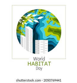 Paper art of World Habitat Day. Celebration dedicated to accelerating urban action for a carbon-free world. Vector background