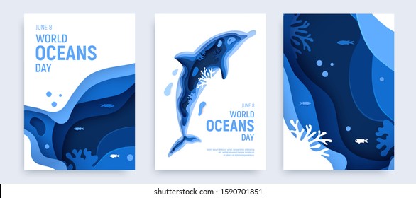 Paper art world ocean day banner set with dolphin silhouette. Underwater world page layout. Paper cut sea background with dolphin, waves and coral reefs. Craft vector illustration.