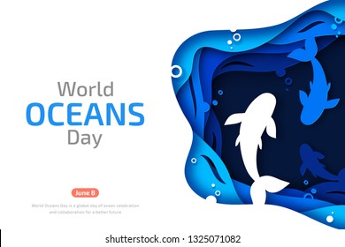 Paper art of World Oceans Day. Celebration dedicated to help protect and conserve world oceans, water, ecology and ecosystem. Poster with blue origami of sea waves and fishes. Vector background