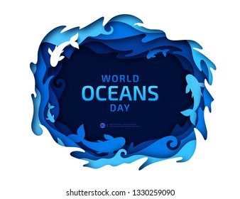 Paper art of World Oceans Day. Global celebration dedicated to help protect and conserve world oceans, water, underwater world, ecosystem, ecology. Poster with blue origami of sea waves and fishes