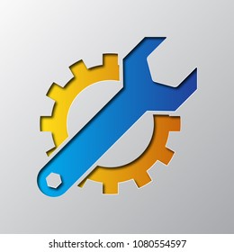 Paper art of the wrench and cogwheel, isolated. Vector illustration. Service concept icon is carved from paper.