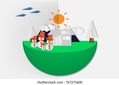 Paper art,Family snowman with house and mountain background ,and plane paper above to haft green earth,vector and illustration concept