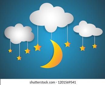 Paper Arts Of Goodnight, Night And Sweet Dream. Moon And Star Vector