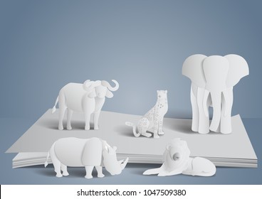 Paper artwork design,the big five African animals concept,Lion,Rhino,Elephant,Leopard and African buffalo,vector