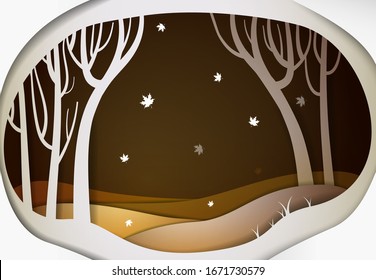 Paper autumn forest  landscape with falling leaves, paper october fairy tale background, vector