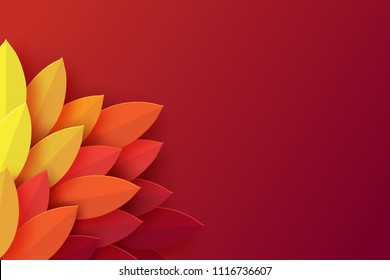 Paper autumn leaves colorful background. Trendy origami paper cut style vector illustration
