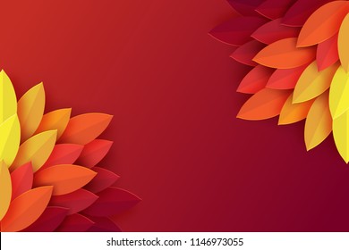 Paper autumn leaves colorful background. Trendy origami paper cut style vector illustration