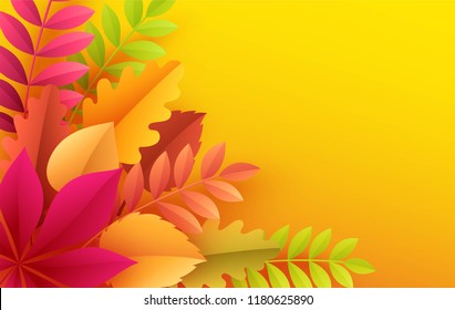 Paper autumn leaves colorful background. Trendy origami paper cut style vector illustration EPS10