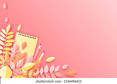 Paper autumn leaves, notebook and pencil, pastel colored background. Trendy origami paper cut style vector illustration