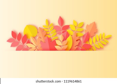 Paper autumn leaves pastel colored background. Trendy origami paper cut style