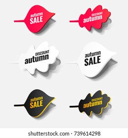 Paper autumn leaves. Tags, icons, labels, stickers of red, white and black with text about discounts and prices are cut from paper with a shadow. Can be used in layout design, mock-up