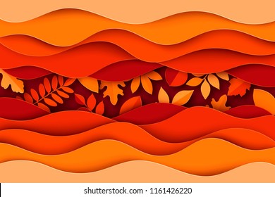 Paper autumn leaves and waves colorful background. Trendy 3d paper cut style vector illustration