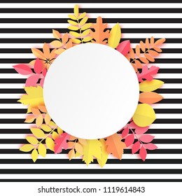 Paper autumn maple, oak and other leaves round frame on striped background. Pastel colors. Trendy origami paper cut style. 