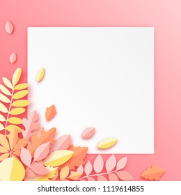 Paper autumn maple, oak and other leaves pastel colored background. Trendy origami paper cut style vector illustration