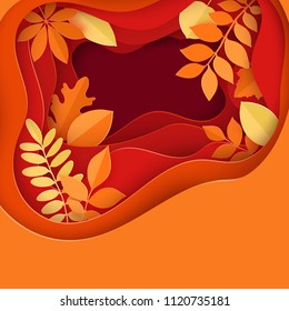 Paper autumn maple, oak and other leaves vivid colored background. Trendy origami deep paper cut style. Wavy lines and soft shadows