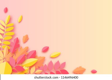 Paper autumn maple, oak and other leaves pastel colored background. Trendy origami paper cut style