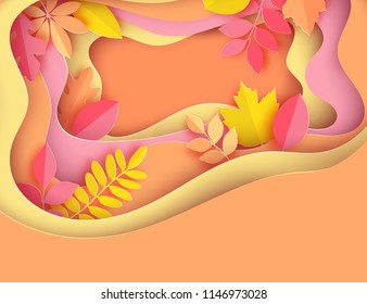 Paper autumn maple, oak and other leaves pastel colored background. Trendy origami deep paper cut style. Wavy lines and soft shadows