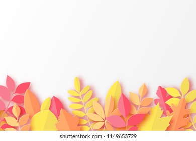Paper autumn maple, oak and other leaves pastel colored background. Trendy origami paper cut style vector illustration