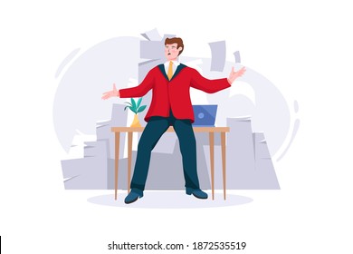 Paper avalanche for businessman. Male office worker overloaded with paperwork from computer, heap of business letters and online documents, busy clerk in routine, bureaucracy.