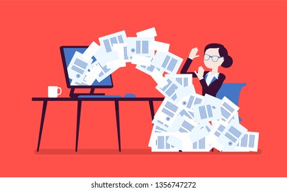 Paper avalanche for businesswoman. Female office worker overloaded with paperwork from computer, heap of business letters and online documents, busy clerk. Vector illustration, faceless characters