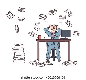 Paper avalanche and chaos for an office worker. A person in stress overloaded with paperwork a lot of business letters and documents. The linear vector illustration.