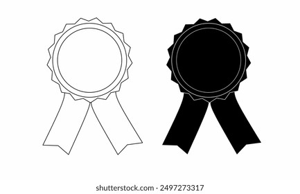 Paper award with black and white ribbon. Vector icon logo paper badge decorated with ribbon on white background