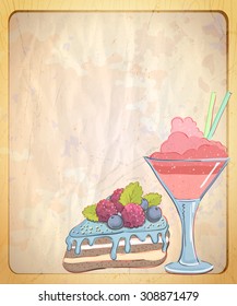 Paper backdrop with empty place for text and hand drawn graphic illustration of assorted cookies, vintage style.