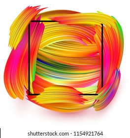 Fondo de papel con marco cuadrado negro y color de agua del espectro, trazo de pincel acrílico o de gouache. Diseño de pincel degradado colorido. Plantilla abstracta. Ilustración de arte vectorial.