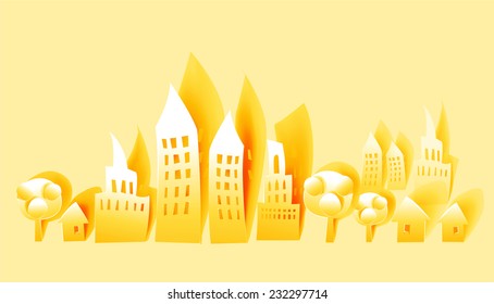 Paper background, city view and trees