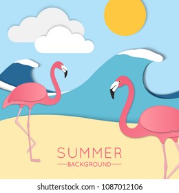 Paper background with colorful flamingo, beach, waves, clouds and sun for use in design. Vector illustration with landscape, trendy origami art.