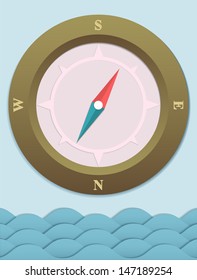 Paper background with compass and sea waves