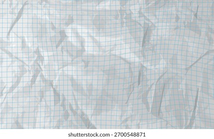 Paper background with grid pattern and crumpled texture. Realistic notebook design for craft, scrapbook, or collage projects symbolizing school and education with soft fold details bg. Vector
