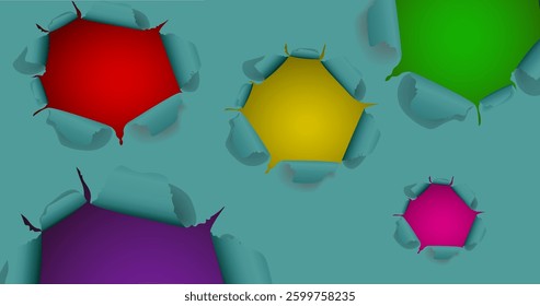 Paper background with holes, colorful holes on a blue background