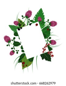 Paper background template with clover leaves and currant berries
on a white background- vector graphic illustration