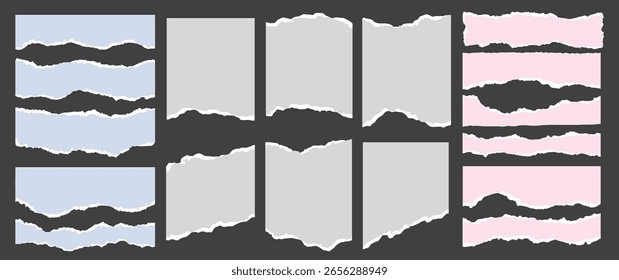 Fundo de papel e folha de vetor com recorte de borda rasgada para jornal ou scrapbook. Quadro de página áspero por linha de quebra e design texturizado. Ilustração moderna de bloco de notas abstrato para colagem criativa