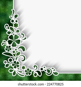 Paper background with white lace corner ornament over green pattern, vector eps10