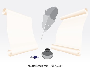 Paper backgrounds and feather for writing with ink in inkwell